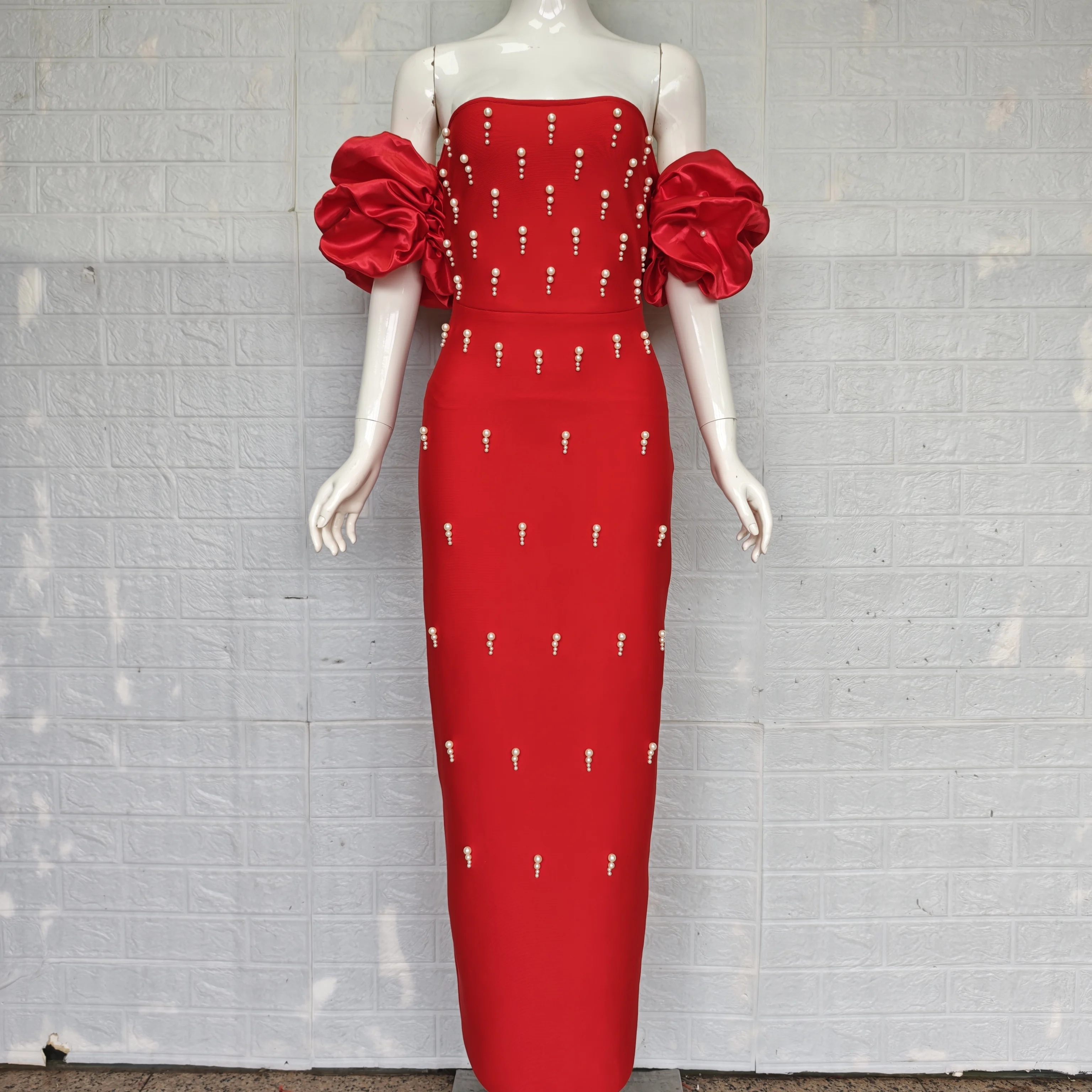 

Sexy Red Long Black Strapless Straight Beading Puff Sleeve Off the Shoulder Bodycon Bandage Dress Elegant Women's Evening Dress