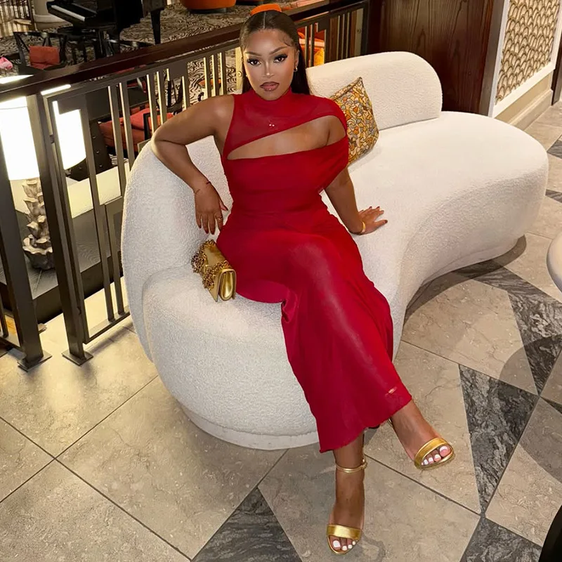 Sukienka maxi na imprezę z wycięciami, siateczką, patchworkiem, marszczeniami, dopasowana, elegancka, seksowna, z jednym ramieniem, długa, wyszczuplająca.