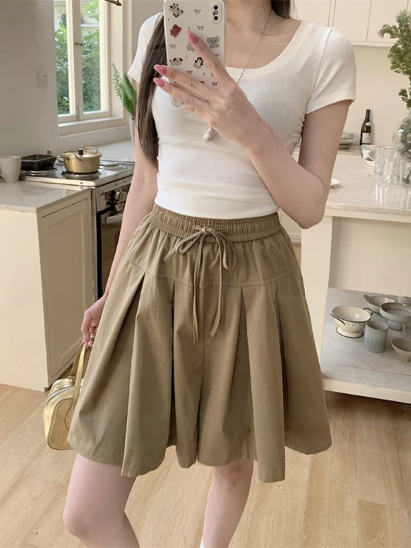 

Slimming High Waist Wide Leg Sports Shorts Women's Summer plus Size Elastic Waist Belted Thin Style Korean Style A-Line Skirt