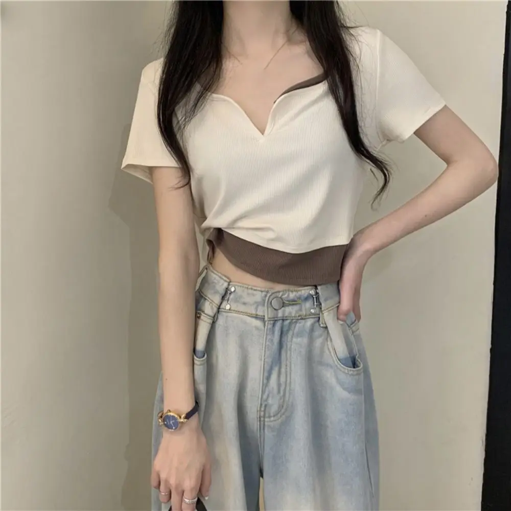 

Fashion Y2K Fake Two Pieces Top Patchwork V-neck Slim Crop Top Women Chic Spicy Girl Short Sleeve T-shirts Girls