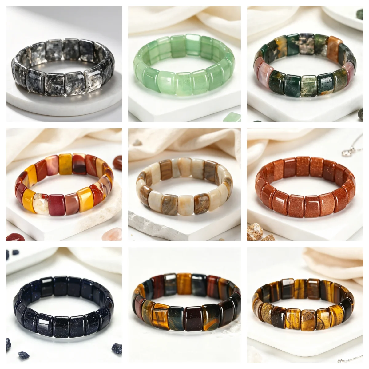 Natural Stone Black Flash Stone Flat Stone Bangle Bracelet Men Women Healing Tablet Bracelet Yoga Wrist Jewelry Couples Gift