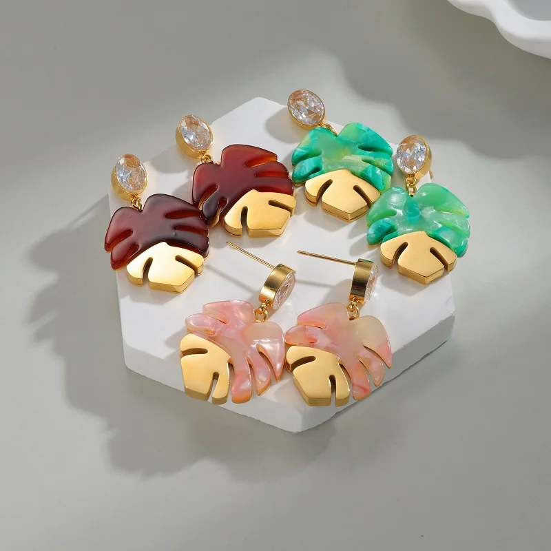 

Afirstee Distinctive Fashion Leaf Shape Style Earrings Stainless Steel Acrylic Colorful Studs For Women Girls Charming Jewelry
