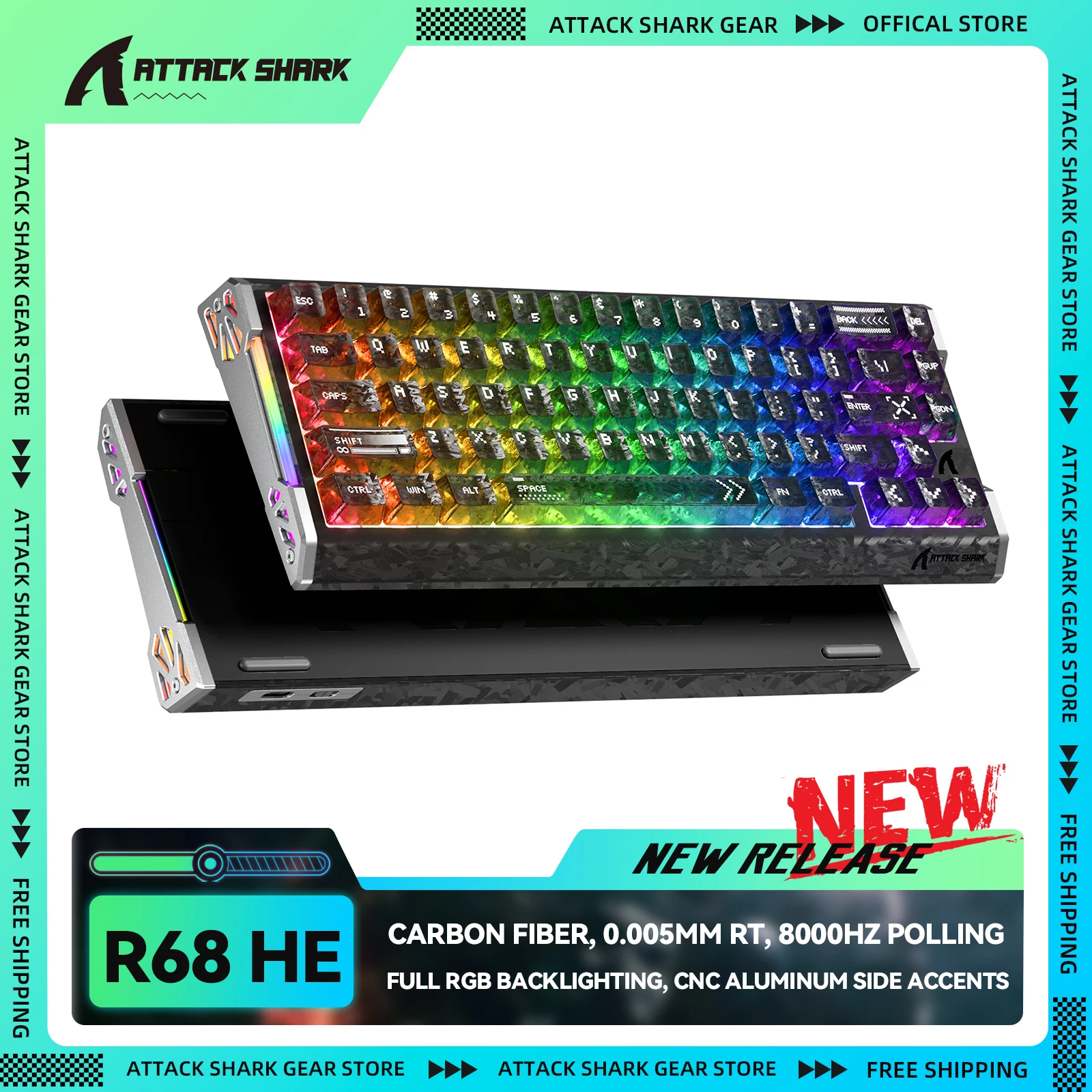 ATTACK SHARK R68 HE 60% Carbon Fiber Rapid Trigger Keyboard Magnetic Switch, 0.005mm RT Accuracy, Support RT/Snap Tap/DKS/MT/TGL