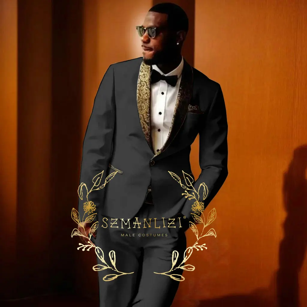 Royal Blue Men Suits Slim Fit 2 Piece Gold Floral Lapel Suit Men Wedding Prom Party Business (Blazer+Pants) Suits for Men