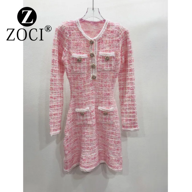 [ZOCI] Sweet French High-end Pink Checkered Round Neck Long Sleeved Knitted Dress With Delicate Fragrance Of A Heiress