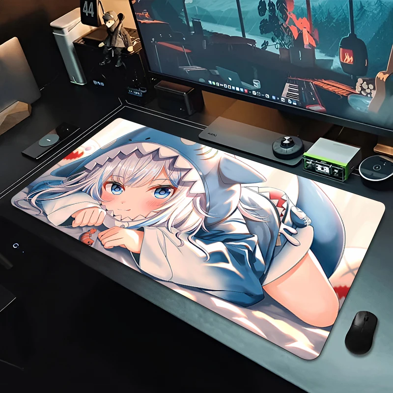Kawaii XXL Silver-white Hair Blue Streak Shark Ocean Anime Girl Extra Large Thick Mouse Pad Non-Slip Rubber Stitched Desk Mat