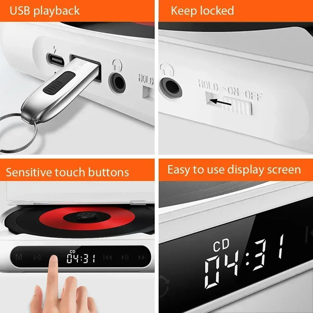 مشغل أقراص مضغوطة متوافق مع البلوتوث شاشة LCD مشغل أقراص مضغوطة للسيارة A-B تكرار 1200 مللي أمبير بطارية صديق الأسرة طالب مشغل ديفيدي محمول