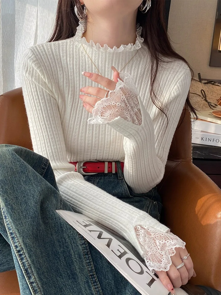 Autumn Winter Turtleneck Skinny Elastic Knitted Pullovers Women Solid Color Tops Female Long Sleeve Knit Patctwork Lace Sweater