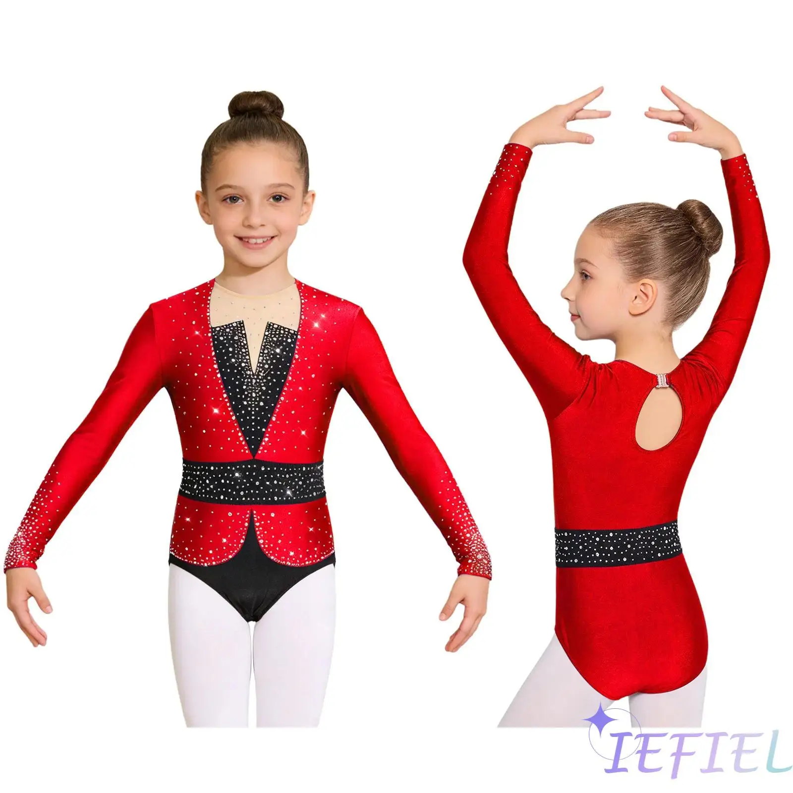 

Kids Girls Figure Skating Gymnastics Dance Leotard Long Sleeve Keyhole Back Shiny Rhinestones Bodysuit Latin Salsa Dancewear