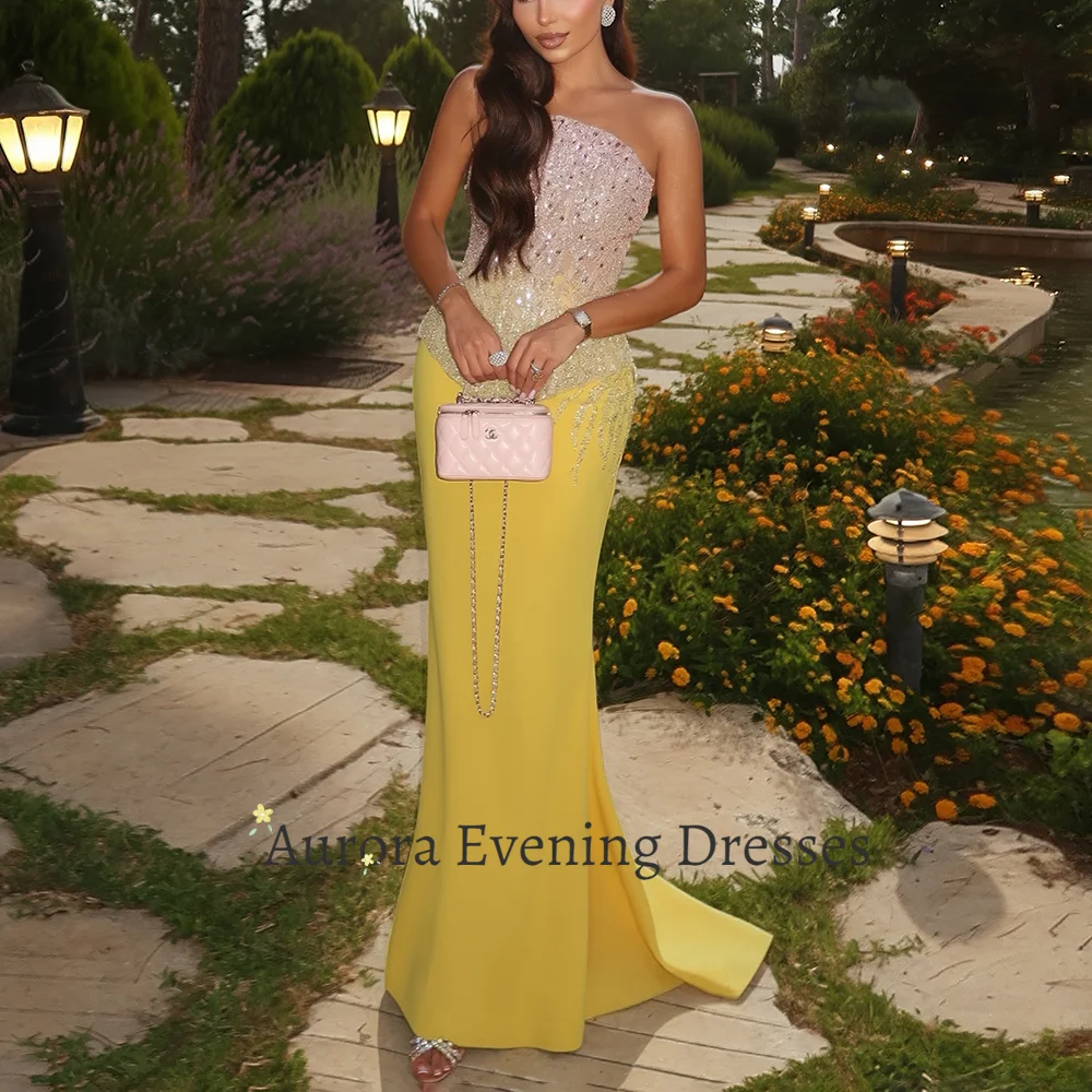 Aurora Strapless Yellow Mermaid Evening Gown for Women Strapless Gradient Rhinestone Beaded Floor Train Elegant Gala Birthday