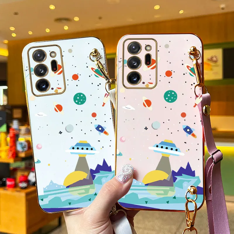 Sailing Spaceships Lanyard Plating Phone Case For Samsung Galaxy Note 20Ultra 20 20Plus 10Pro 10 10Lite 9 M51 M42 M30S M53 Cover