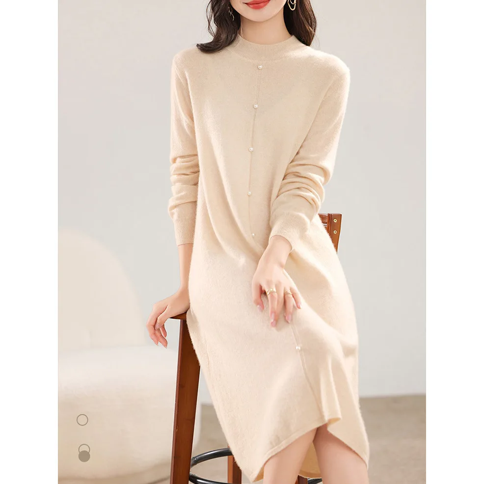 

Knitted Dresses Women A Line Dress Y2k Pearl Half High Collar Long Sleeves Knee Length Loose Fit Casual 2025 Autumn Winter