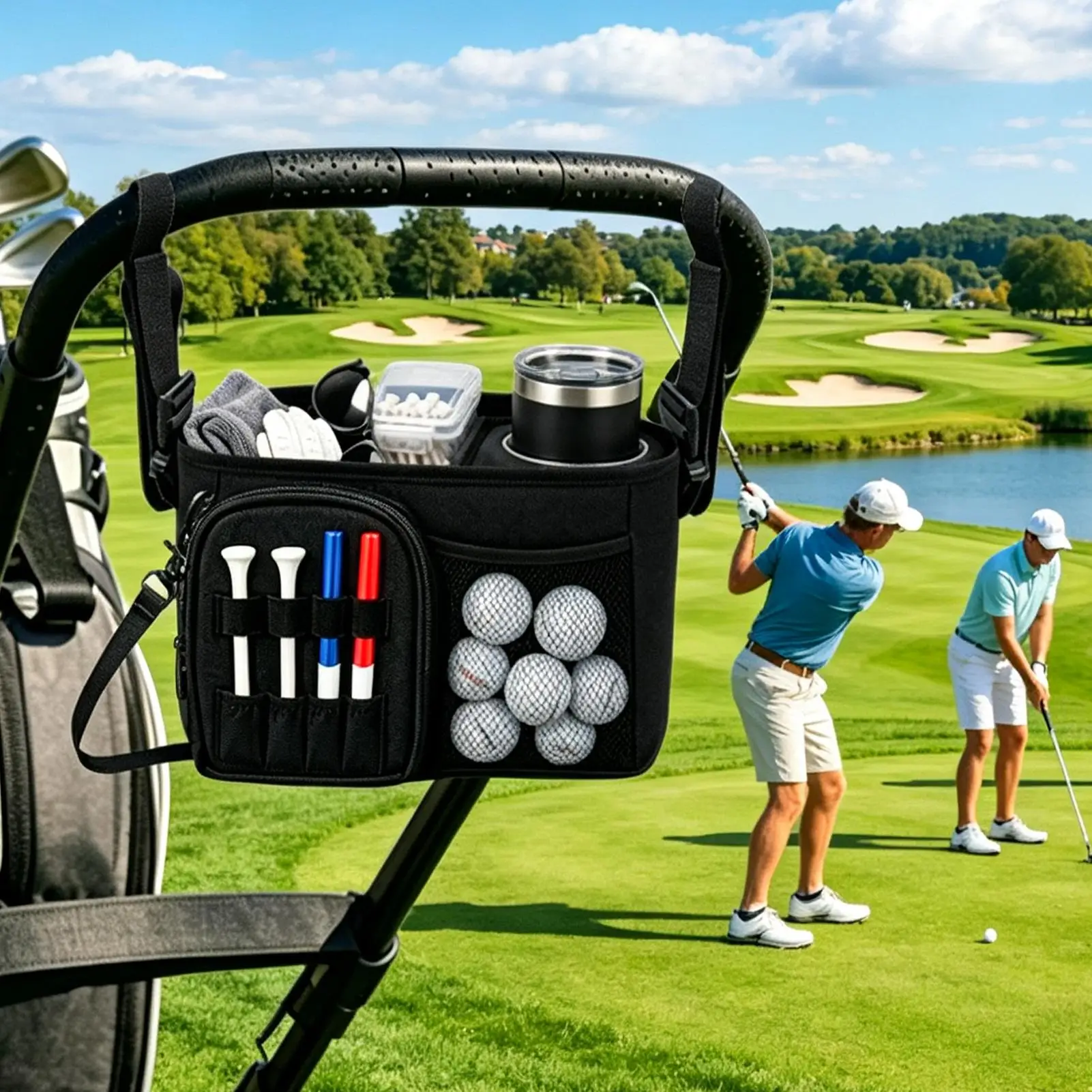 Golf Cart Storage Bag With Cup Holder Waterproof Multi-Pocket Organizer Pouch Adjustable Strap Accessory Holder For Push Cart