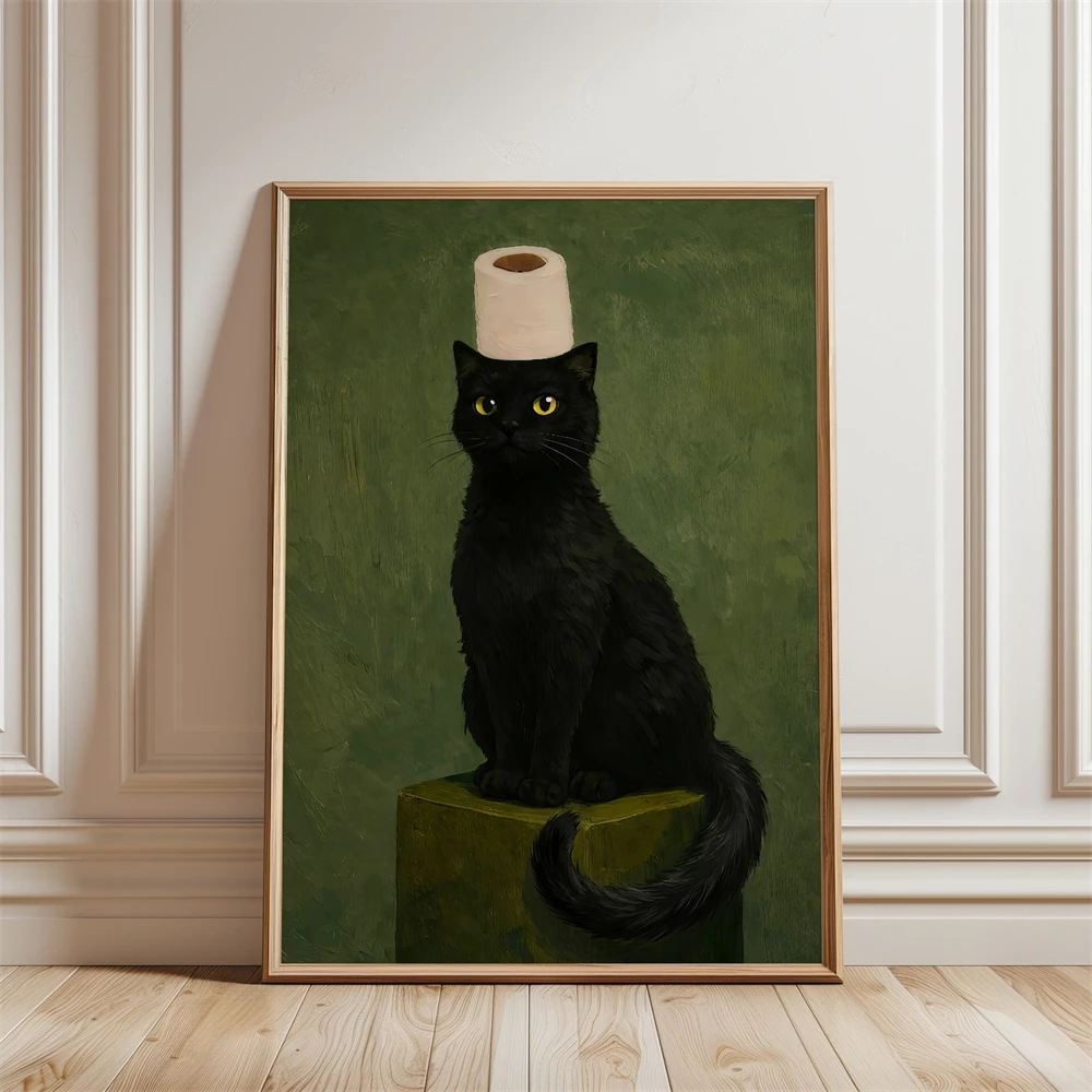 Funny Bathroom Wall Art Prints Black Cat Holding Nose Poster Retro Cat Funny Toilet Art Animal Poster for Bathroom Decor