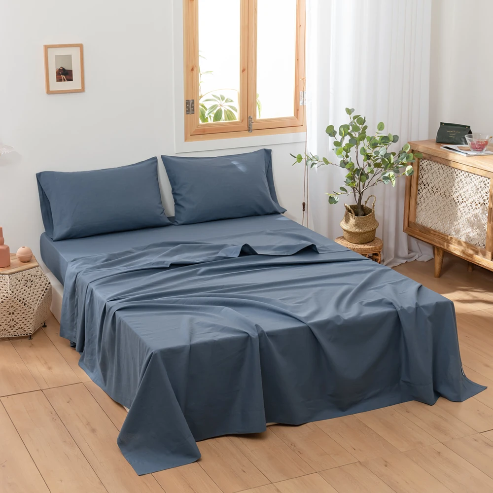 Simple&Opulence  3/4Pcs Solid Color Belgian Linen Cotton  Blended Bedding Set Bed Sheet Set Fitted Sheets