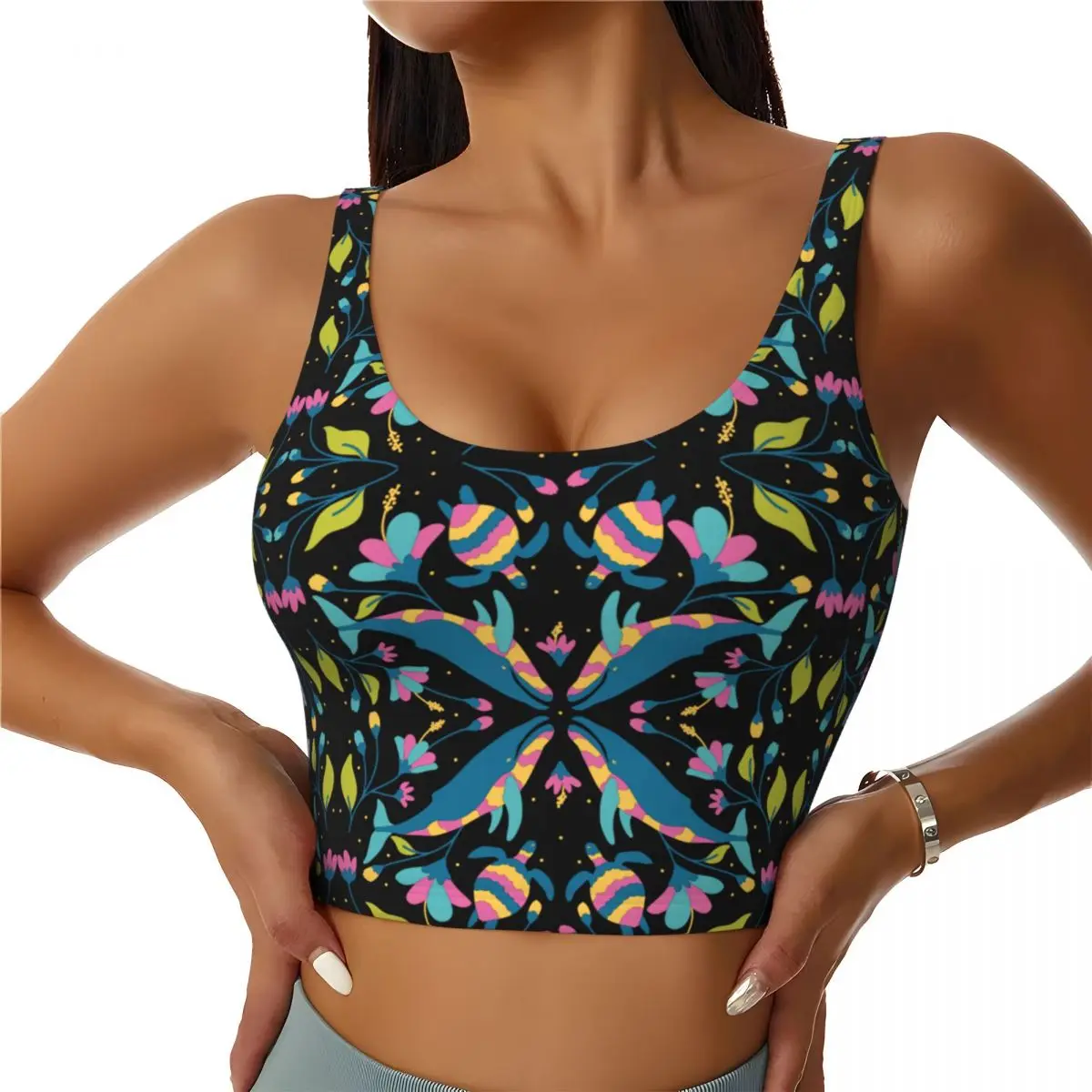 Custom Mexican Otomi Embroidery With Dolphins Turtle High Impact Sports Bras Animal Art Seamless Workout Yoga Crop Tank Tops