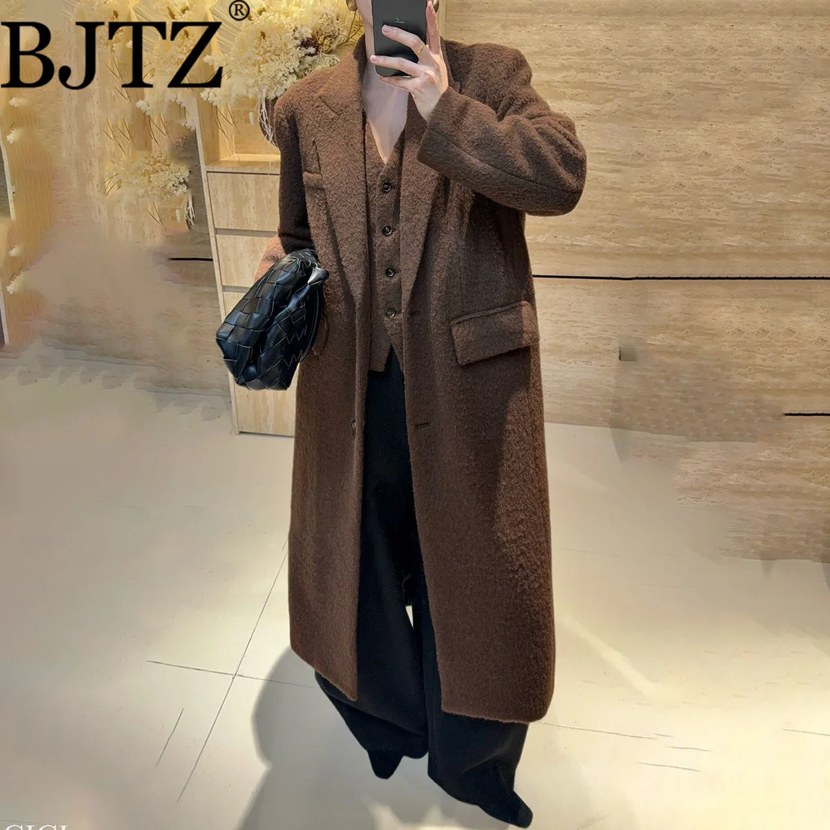 

BJTZ 2025 Retro Wool Fake Two Piece Mid-Length Blazer Coat Fall Winter Cashmere Blend Jacket Office Daily Tonal Outerwear