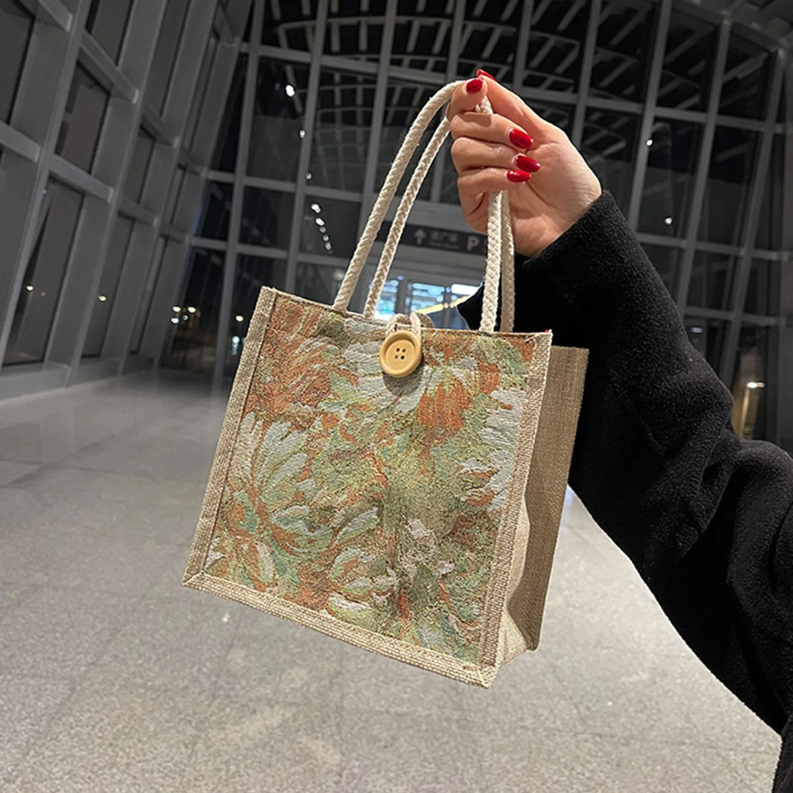 Portable Hand Bag Linen Bag Women Ins Style Students Handbags Fashion Ladies Top-Handle Bags Designer Luxury Flower Print Bag