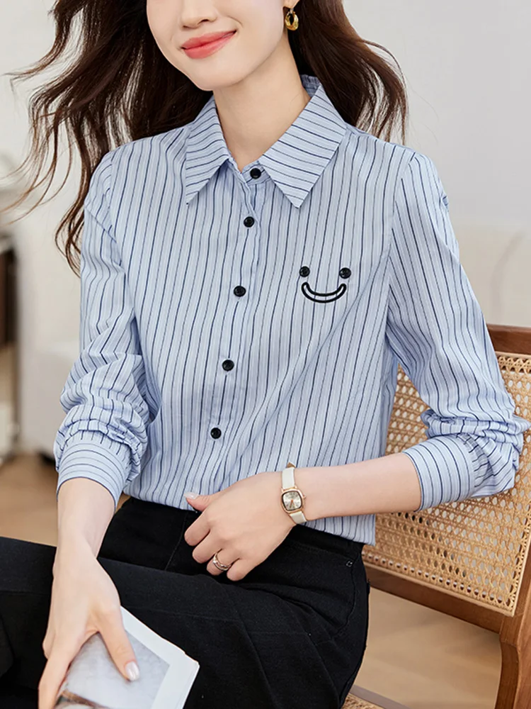 

Женская блузка с вышитым воротником, длинный рукав, для работы, весна-осень, новая модная полосатая универсальная блузка для офиса