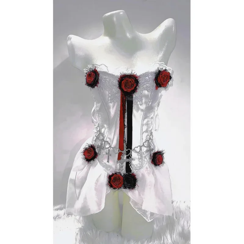 

White Gothic Subculture Heavy Industry Handmade Three Dimensional Decoration Fishbone Strap Body Shaping Dress Thorny Rose