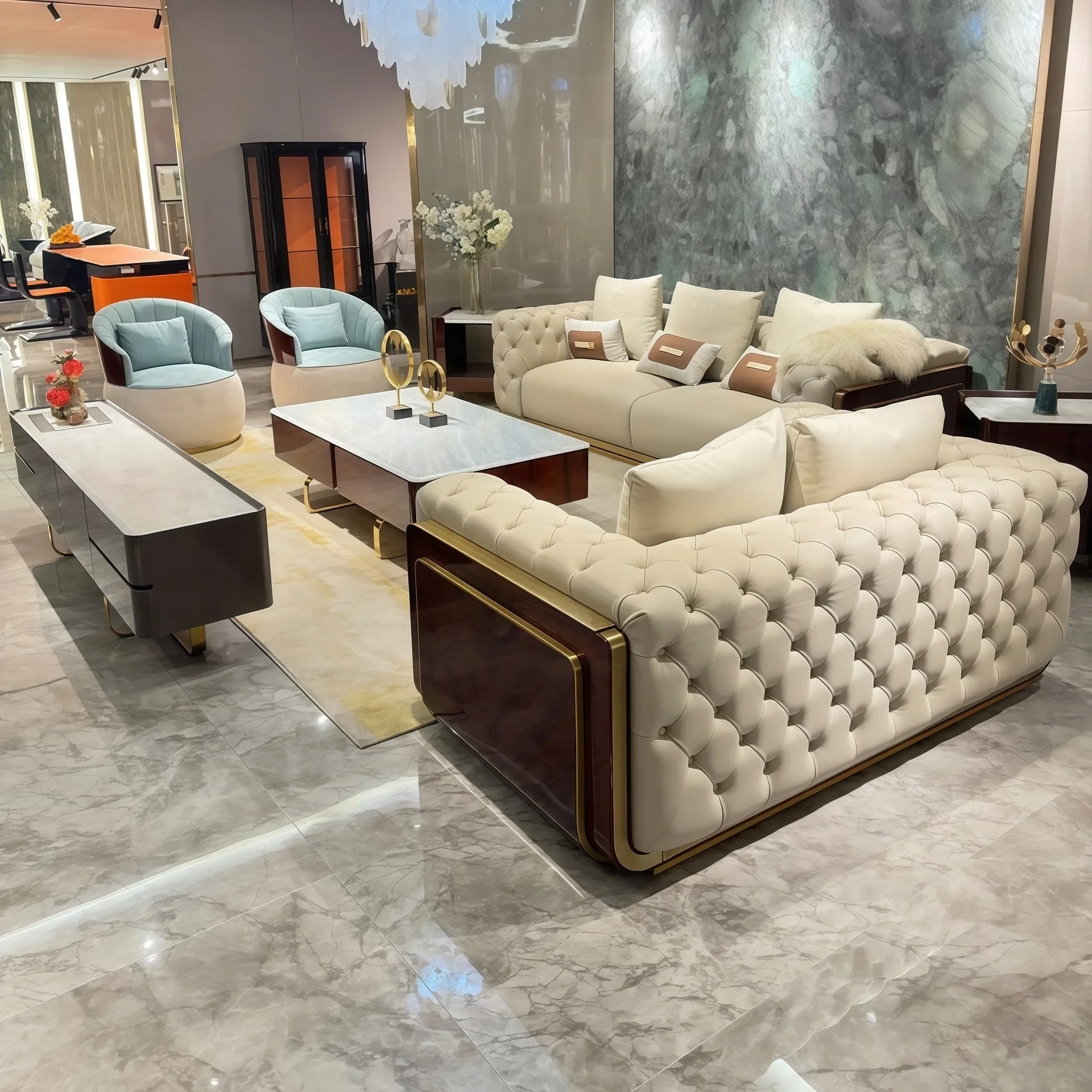 Italian light luxury leather buckle sofa high-end large flat floor large apartment villa living room furniture