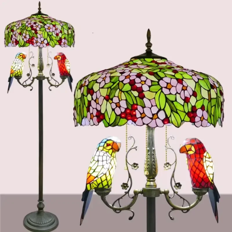 LED Floor Lights Stained Glass Peach Blossom Parrot Lantern for Living Room Decoration Hotel Lobby Floor Lamp