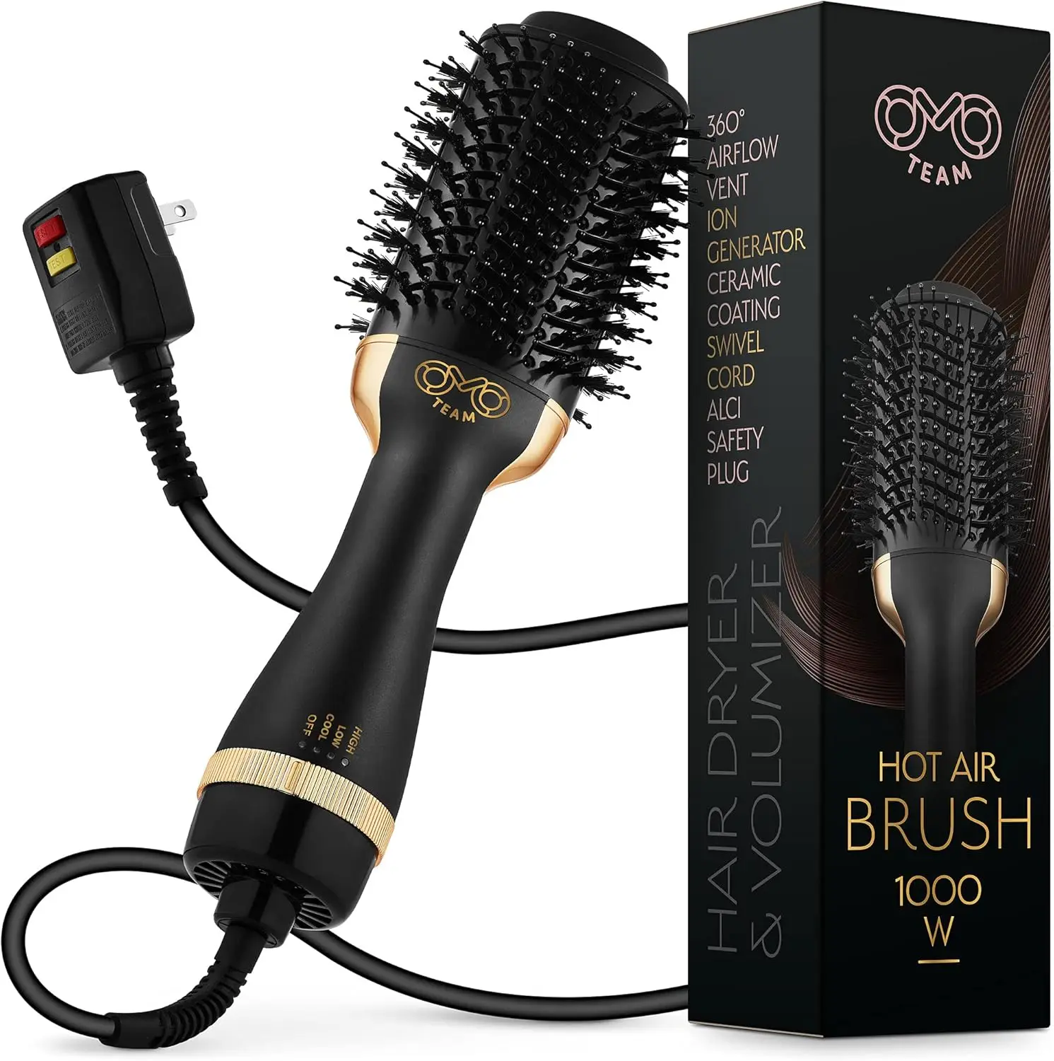 Blowout Hair Dryer Brush, Black Gold Dryer and Volumizer, Hot Air Brush for Women, 75MM Oval Shape (Black Gold)