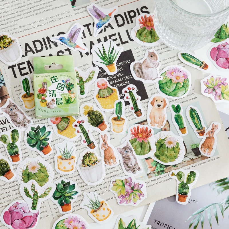 46Pieces Box Mini Paper Sticker Cactus Plant Flowers Early Morning Diary Scrapbooking Office Accessories Kawaii Stationery 4cm