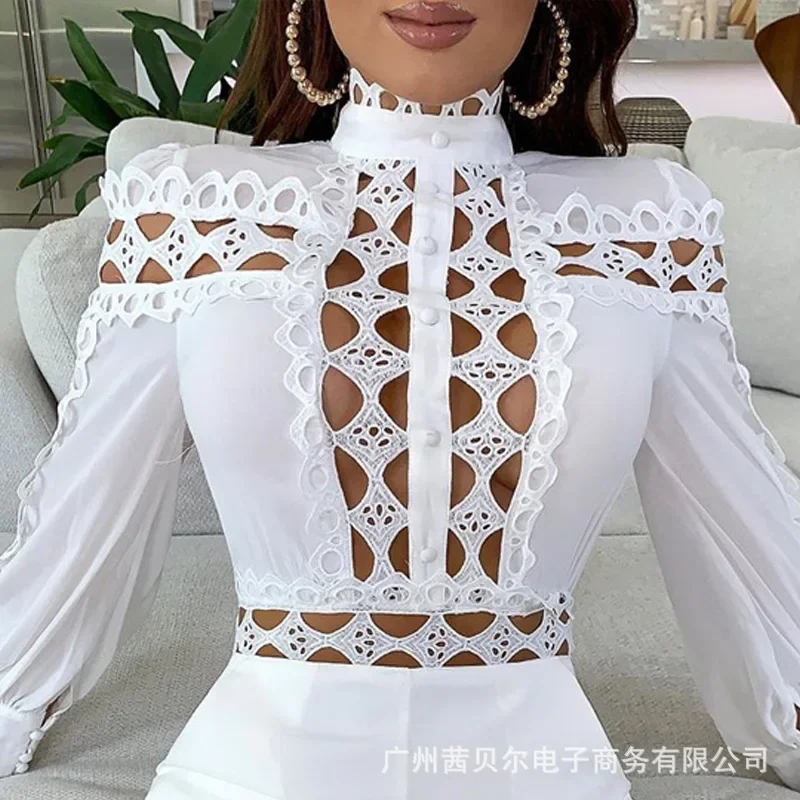 Fashion Romper Women 2023 New White Openwork Splicing Jumpsuit for Women