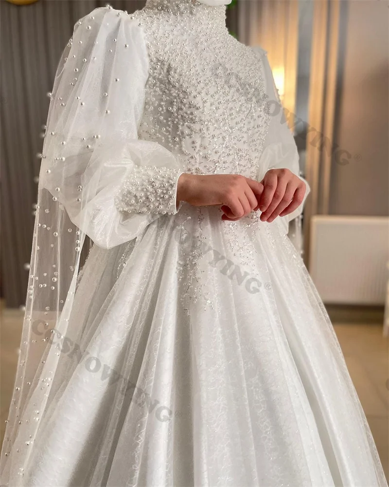 Vestido De novia musulmán De manga larga con cuentas De tul, cuello alto, Hijab, Árabe