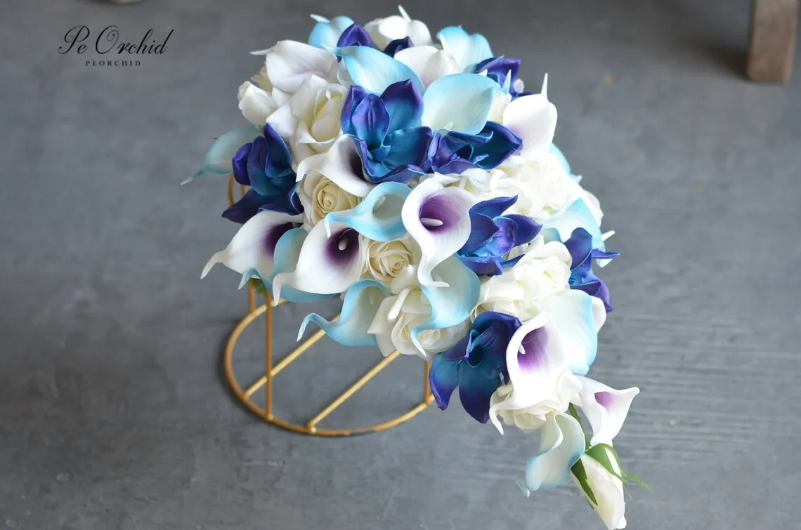 PEORCHID Blue Purple Bridal Bouquets Flowers Buque Noiva Grande Calla Lilies Ivory Roses Orchids Cascading Wedding Bouquets Set