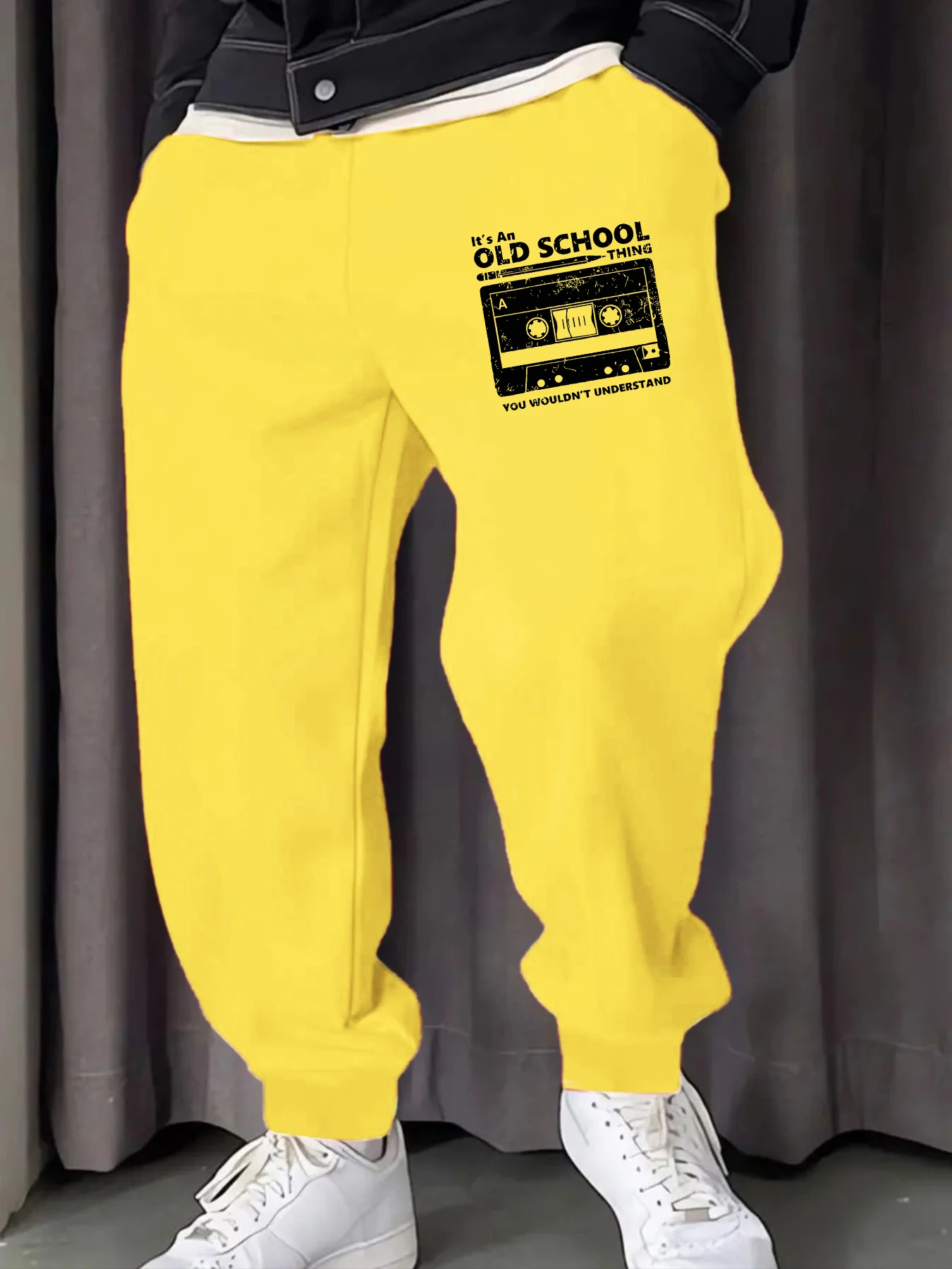 

It's An Old School Thing Tape Print Man Sweatpants Soft Elastic Waist Pants Autumn Drawstring Pant Warm All-Match Britches