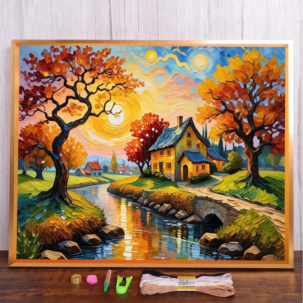

Landscape Sunsine Autumn Cross-Stitch Full Kit Embroidery Handicraft Painting Sewing Needlework Promotions Different Floss