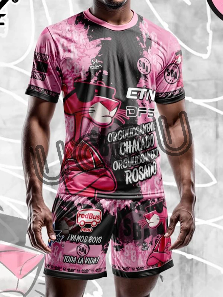 

2025 New Men's Tracksuit Sets Pink Panther Football T-Shirt+Shorts Suit Casual Suit Sports Football Jerseys 2 Piece Male Clothes