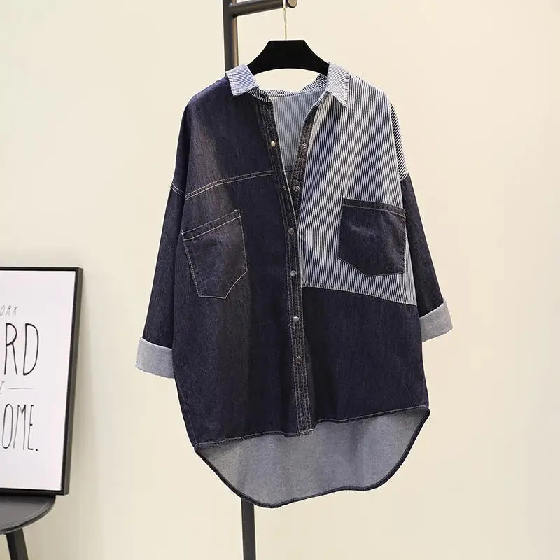 

Women Korean Vintage Harajuku Striped Patchwork Tunic Denim Shirt Casual Streetwear Irregular Loose Single Breasted Jeans Jacket