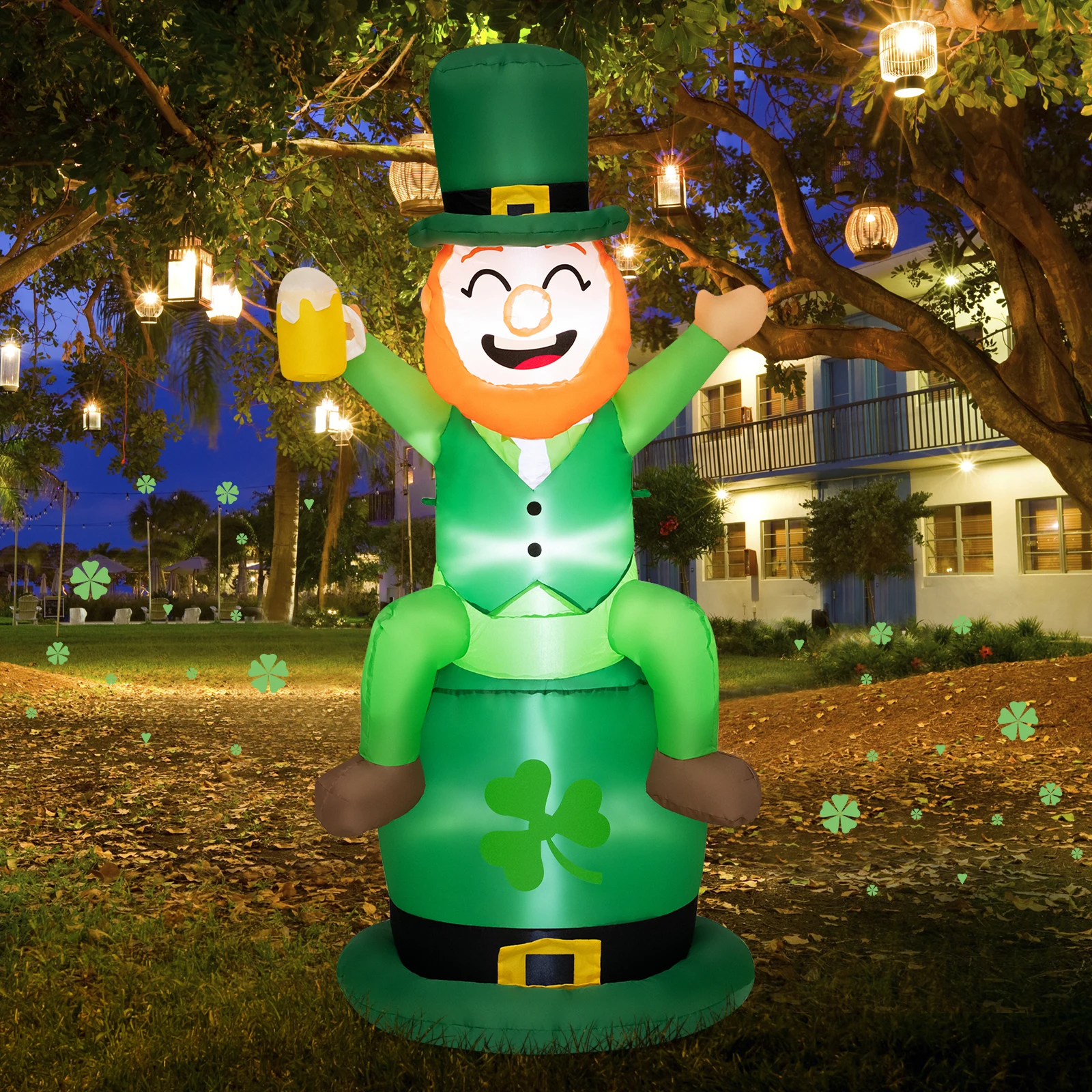 5 FT St Patrick's Day Inflatable Decoration Leprechaun Sitting on Hat for Yard