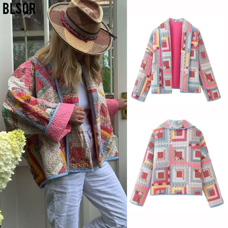 

Autumn and Winter Loose Cardigan Color Matching Plaid Cotton Coat