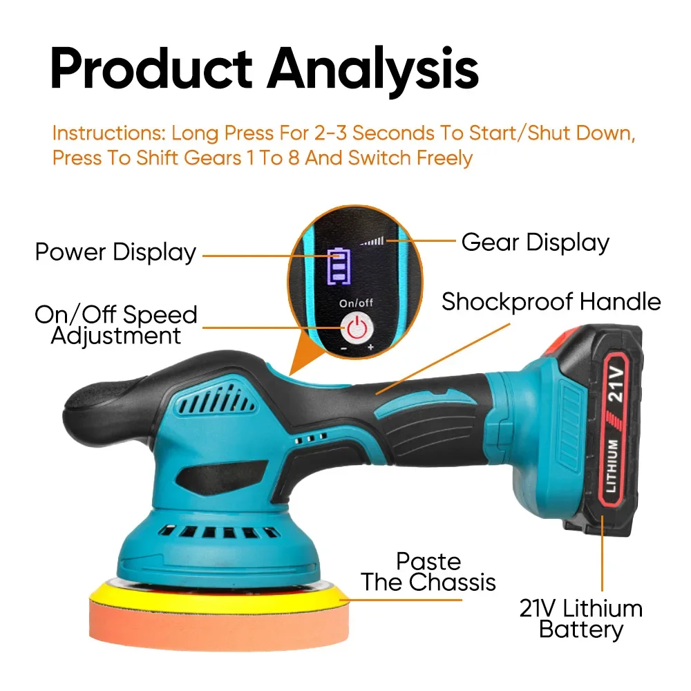 21V 380W Cordless Car Polisher 6 Gears Lithium Electric Polishing Waxing Machine For Repairing Scratches Wireless Sander Polish