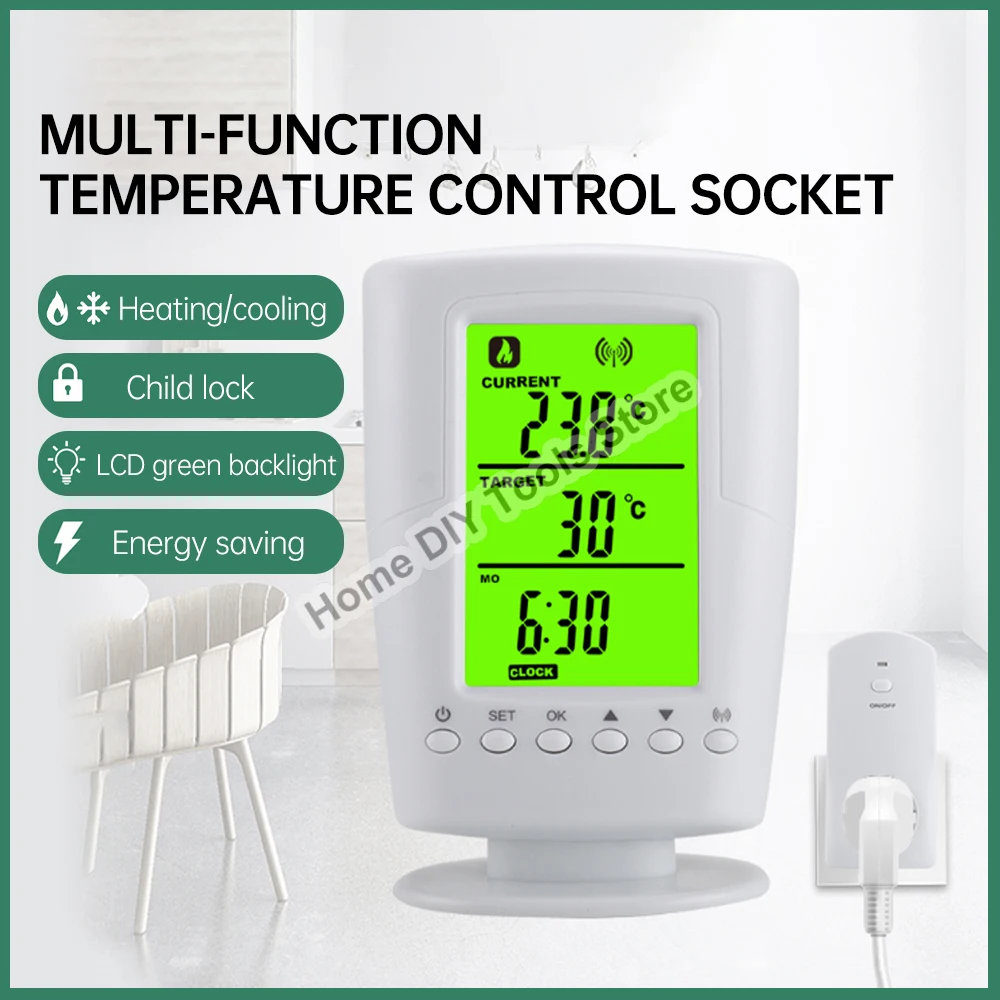 

Wireless Thermostat Household Intelligent Socket Programmable Digital Temperature Controller Backlight LCD Heating Cooling Mode