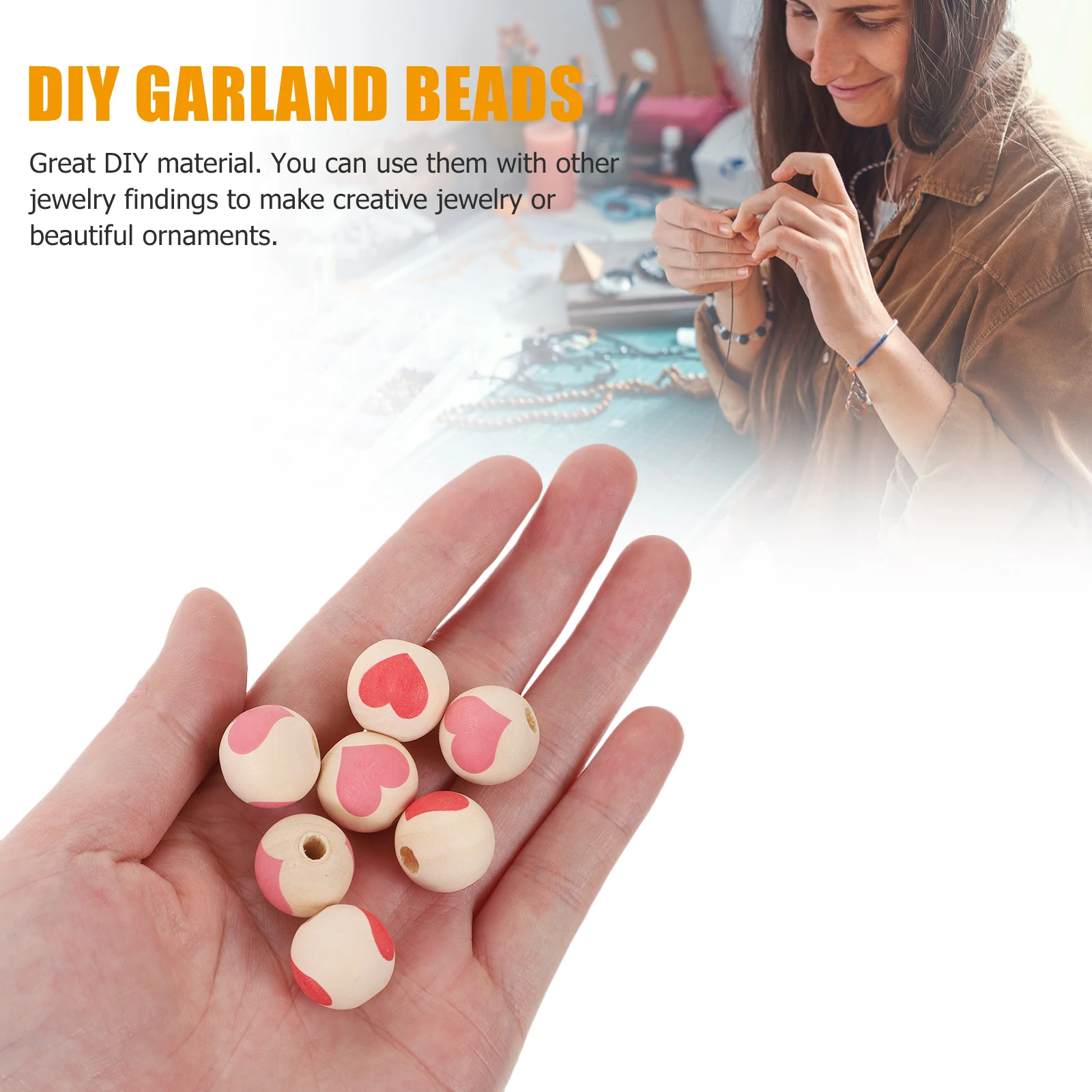 

50pcs Valentine Heart Wooden Beads for Craft DIY Garland Decorations Round Wood Loose Beads Necklace Accessories