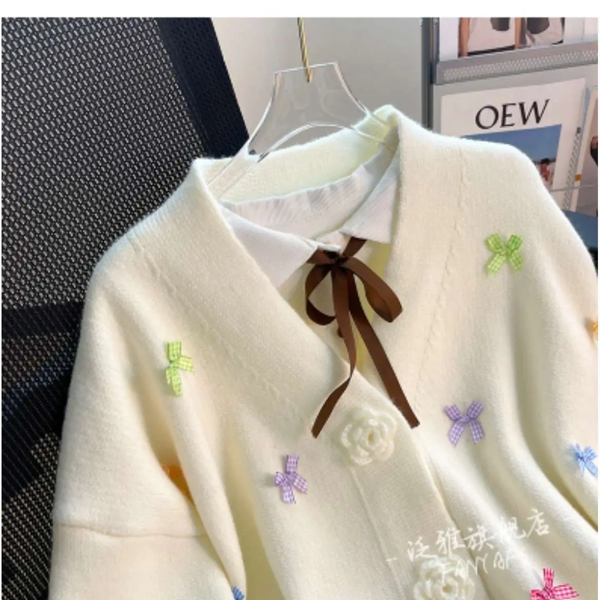 Korean Lively Cute Bow Knitting Cardigan Femme Autumn Winter New Loose Sweet Bright Line Decoration V-neck Trend Sweater Coat