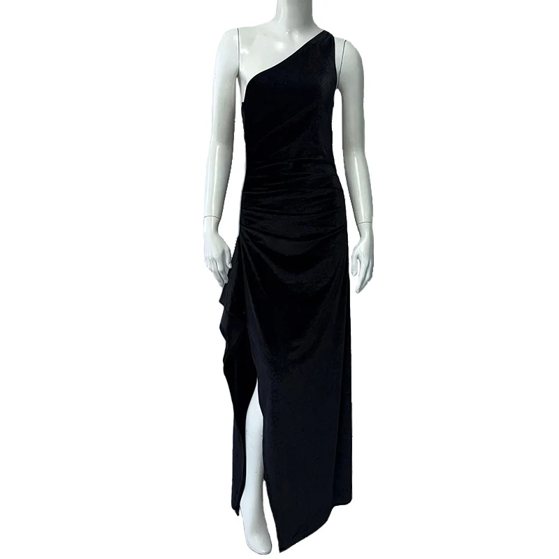 Robe longue en Satin pour femmes, asymétrique épaule dénudée, Sexy, sans manches, dos nu, fente haute, robes de soirée élégantes, robe de Cocktail, été