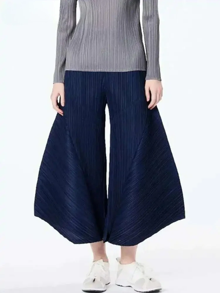 

Miyake Summer New 2025 Women's Pants Pleated Wide Leg Pants Elastic Waist Solid Colour Casual Peplum Loose Elastic Waist