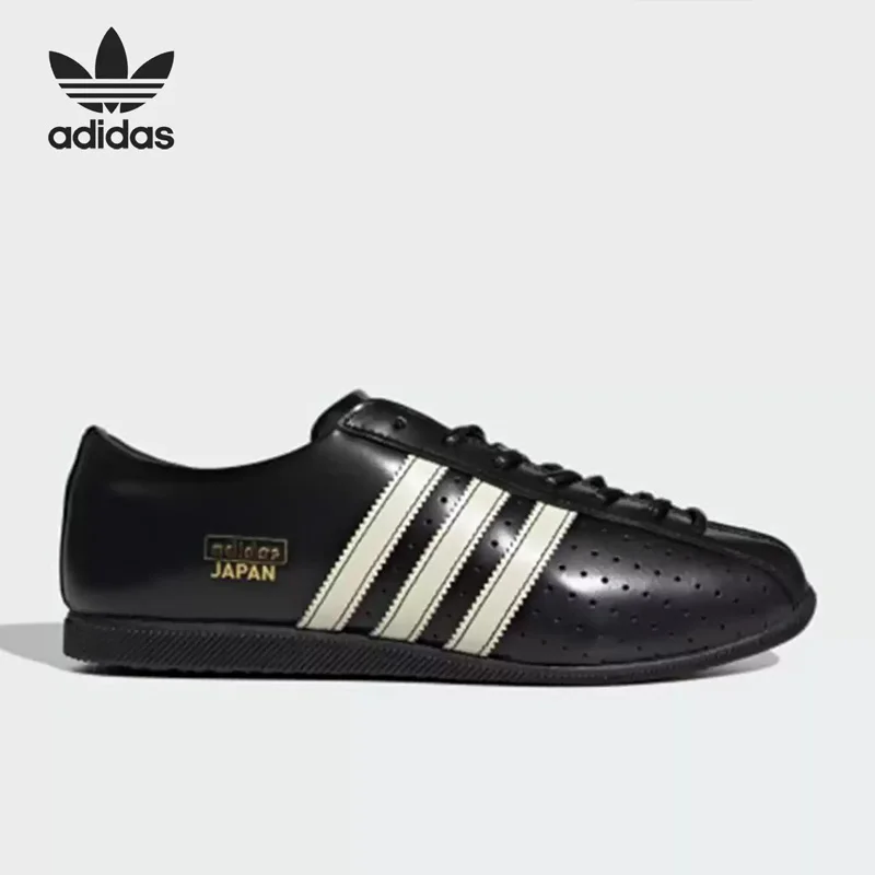 Adidas Originals Authentic Japan Womens Sneakers KJ5160 Black Leather Vintage Low Top Casual Shoes With Gold Brand Logo
