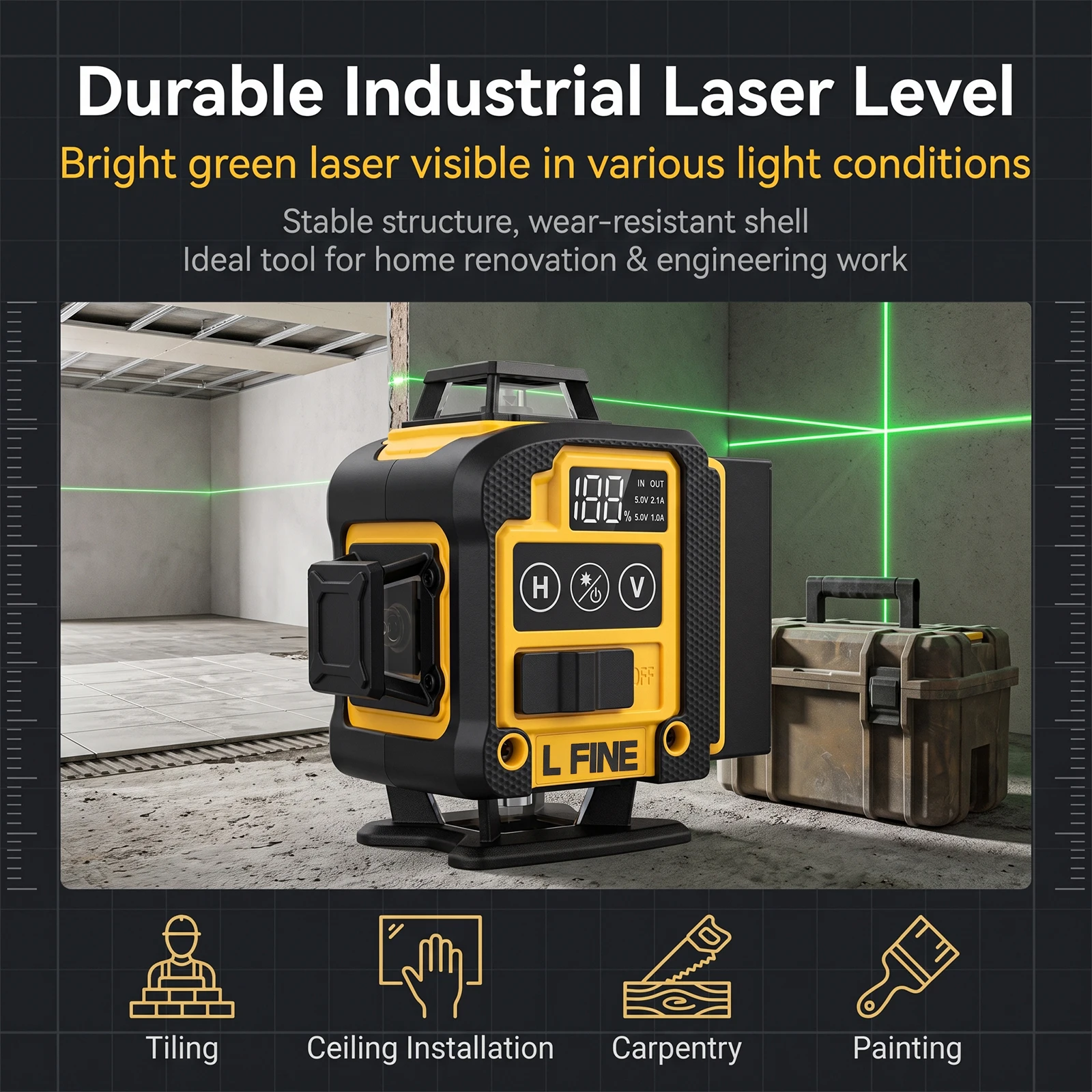 L FINE Grüner Strahl Laser-Nivelliergerät 16 Linien 3D 360 ° Horizontales & Vertikales Selbstnivellierendes Messwerkzeug – Modell 360-01 – Detail 7