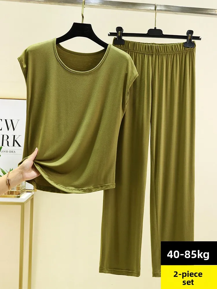 

Modal round Ne Svel Spwear Set Women Summer Thin Casual Home Clothes plus Size Can Wear outside Air Conditioner Suit