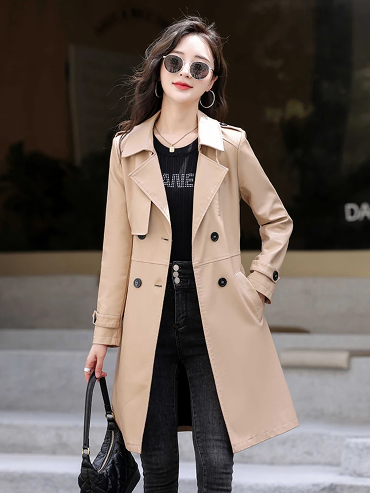 하이닝 천연 가죽 코트 여성용 중간 길이 2025년 신상 봄 가을 슬림핏 엘레피스킨 윈드브레이커 자켓