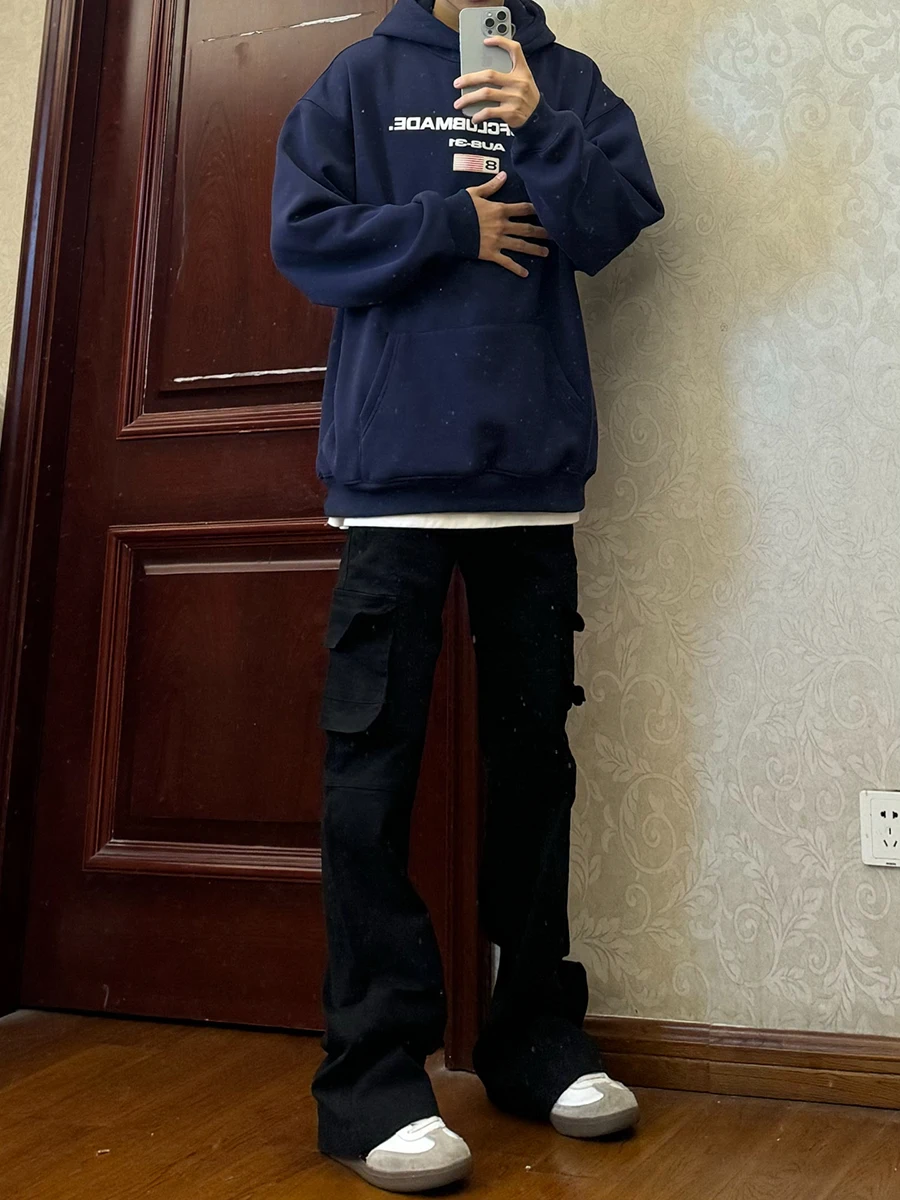 

Black Workwear Style Straight Leg Jeans Men's Spring Season Multi-Pocket Tapered Long Pants Cleanfit Youth Fashion Jeans