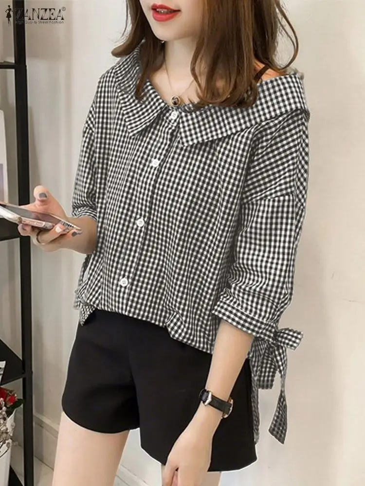 ZANZEA Camicia a quadri scozzese autunnale Camicetta da donna Trend 2025 Elegante manica a 3/4 Camicette da lavoro per ufficio Bottoni casual Top Bow Blusas