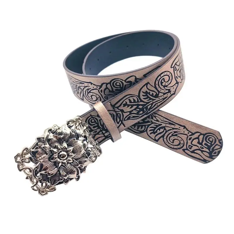 

652F Adult Waist Belt with Carved Flower Pattern PU Waist Belt for Jeans Coat Skirt